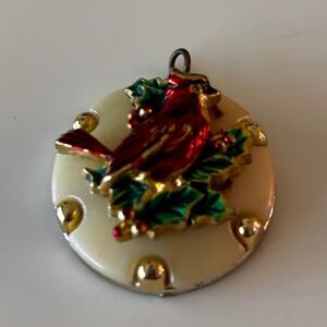 Vintage Cardinal Pendant Red Christmas Holly Enamel Jewelry‎